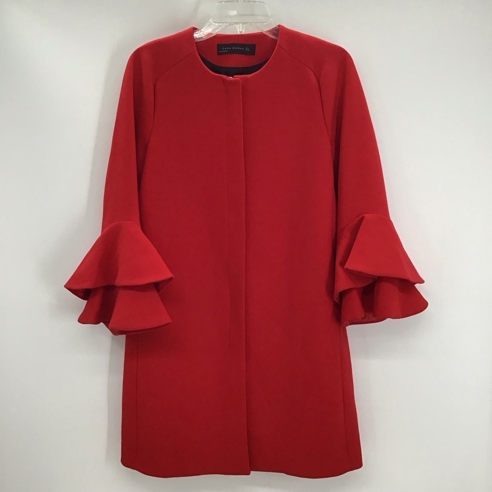 ZARA Frilled Sleeve Jacket Coat Chic Career Business Casual Red Size Small - Picture 3 of 11